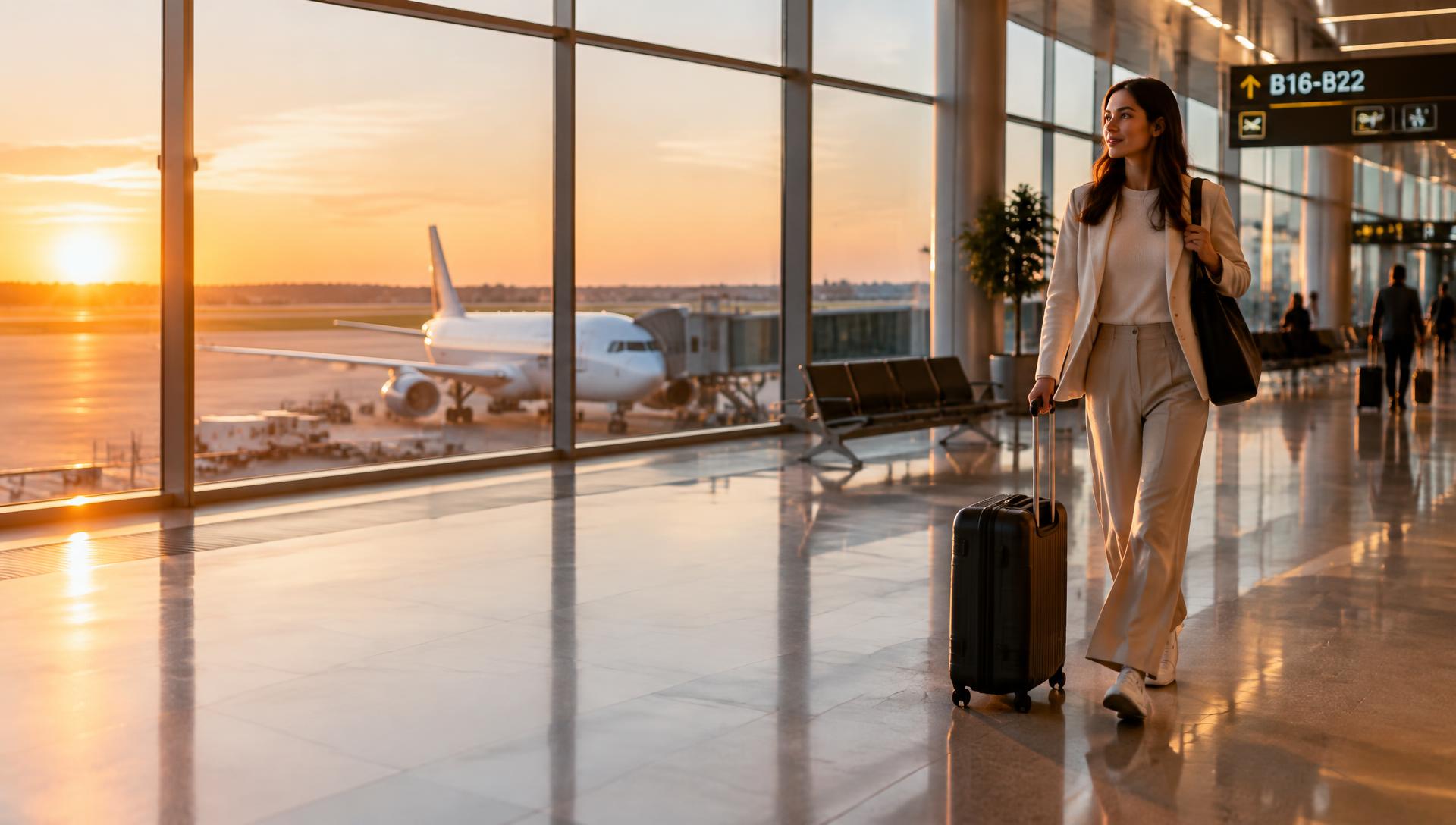 Voyageuse dans un aéroport international au coucher du soleil